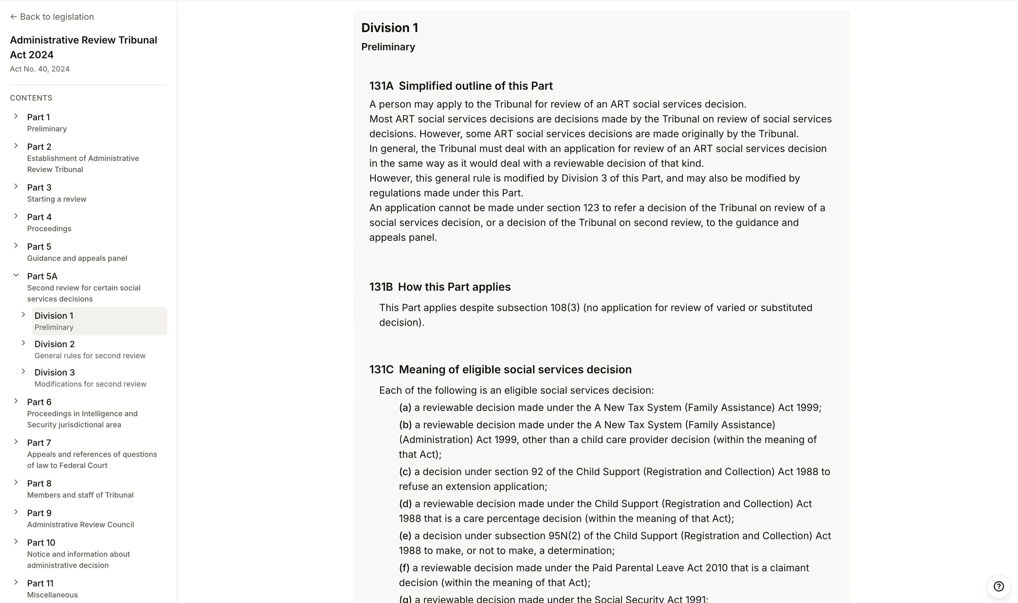 Act viewer with table of contents