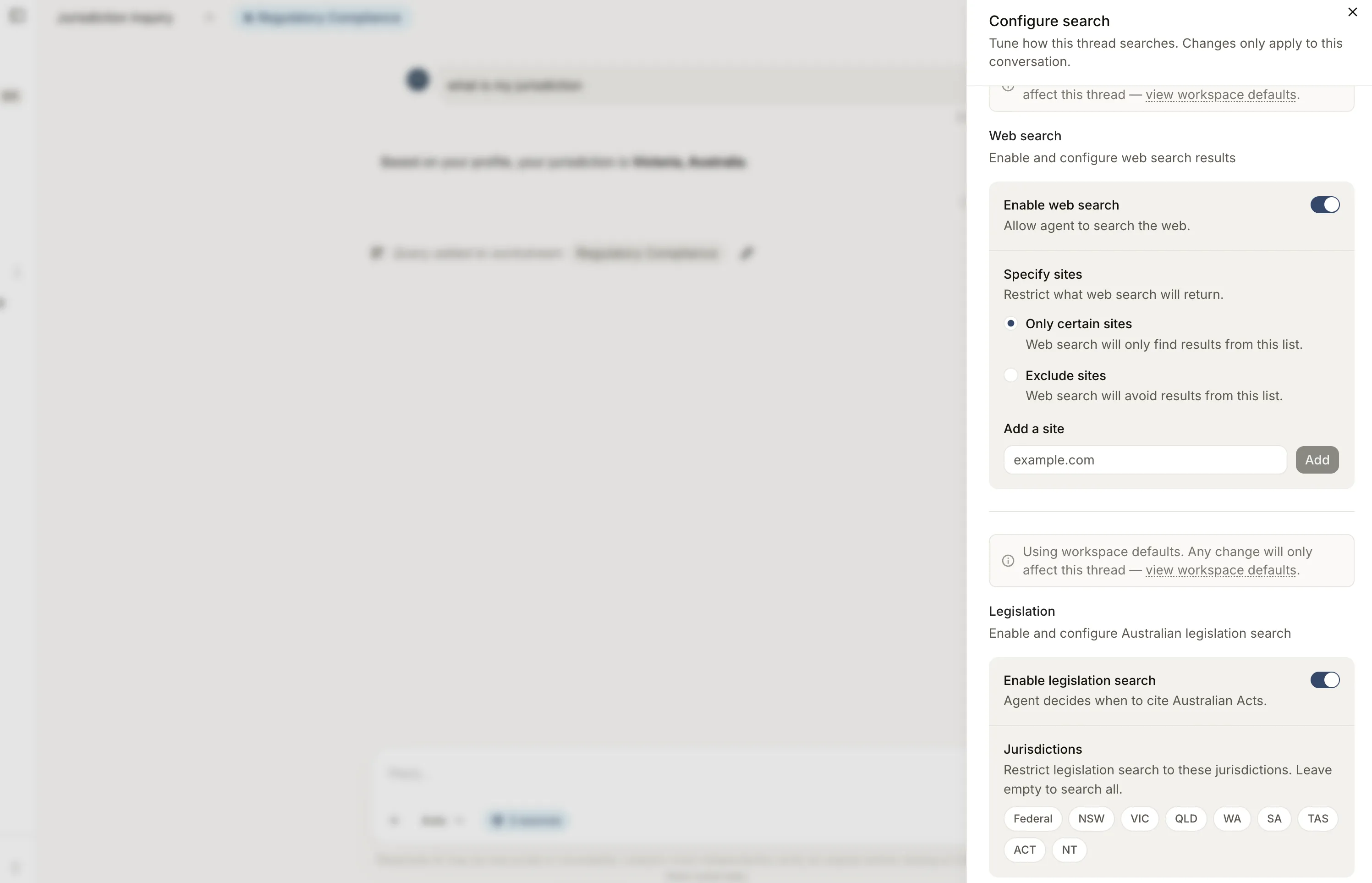 Configure search sheet for a thread
