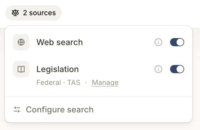 Sources popover open on the chat input