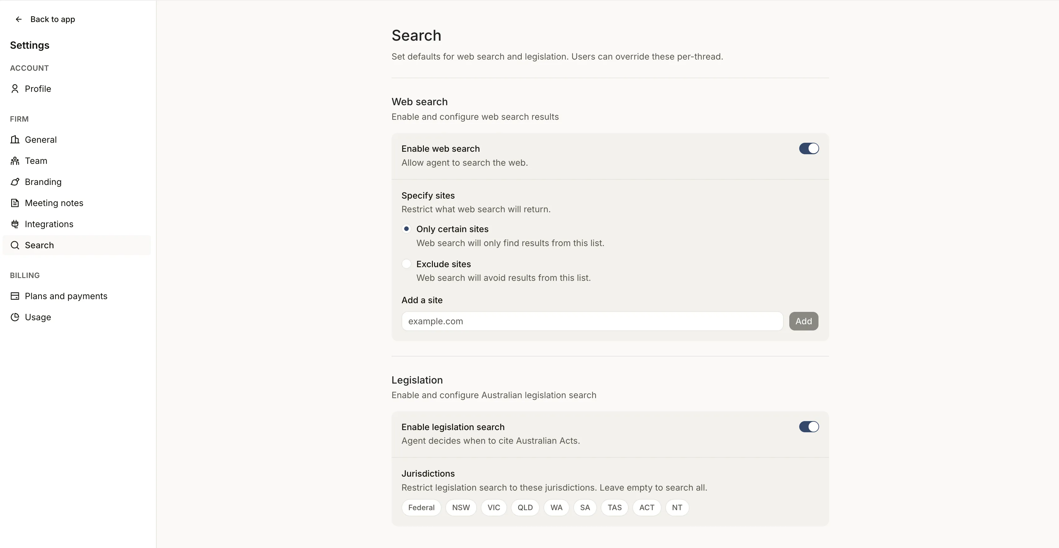 Workspace search settings page